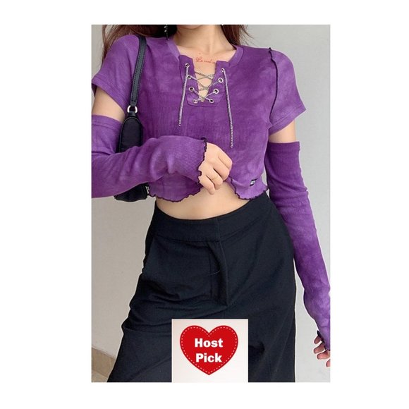 Gothic Punk Streetwear Top with Attached Sleeves - Tie Dye Crop Top - Picture 1 of 13